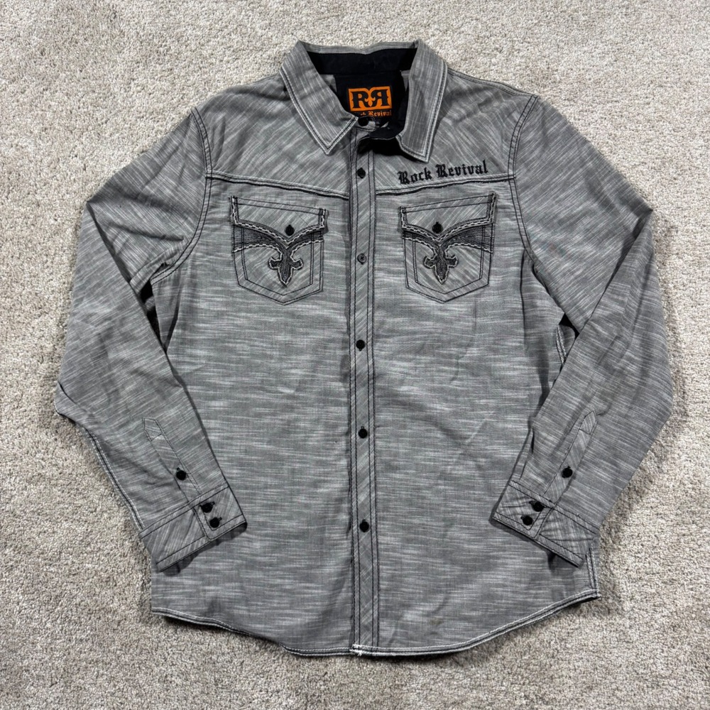 Rock Revival Mens Gray Embroidered Fleur De Lis Button Down Shirt BLE003L Size L